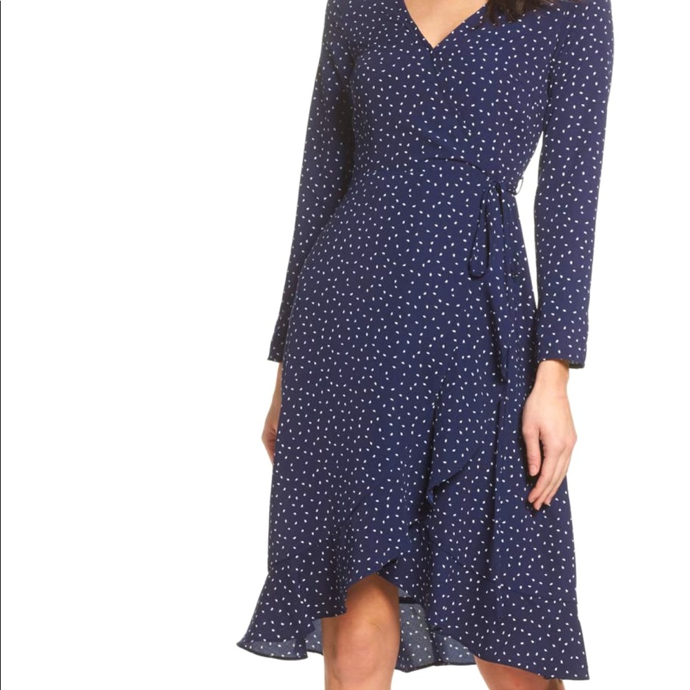 Navy Polka Dot Wrap Midi Dress